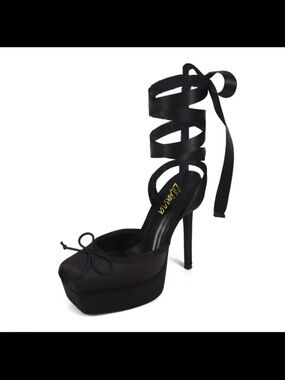 Adiva Black Satin Ribbon Lace-Up Platform Stiletto Heels